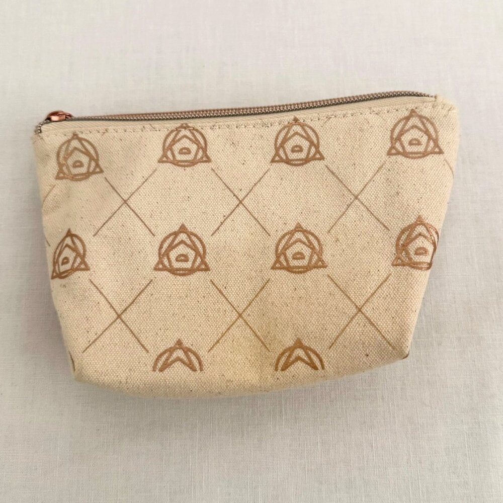 Small Beige Canvas Printed Pouch Cosmetic Bag 6x4x2 Inches Rose Gold Zipper